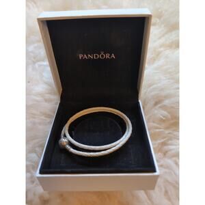 Pandora White Double Wrap Braided Leather Bracelet 15” Sterling Silver Clasp